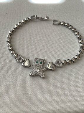 Silver Teddy Bear Heart Bead Bracelet